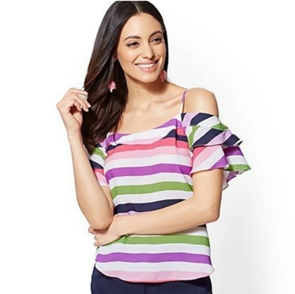 New York & Company 7th Avenue Design Studio Bold Striped Cold Off Shoulder Top
